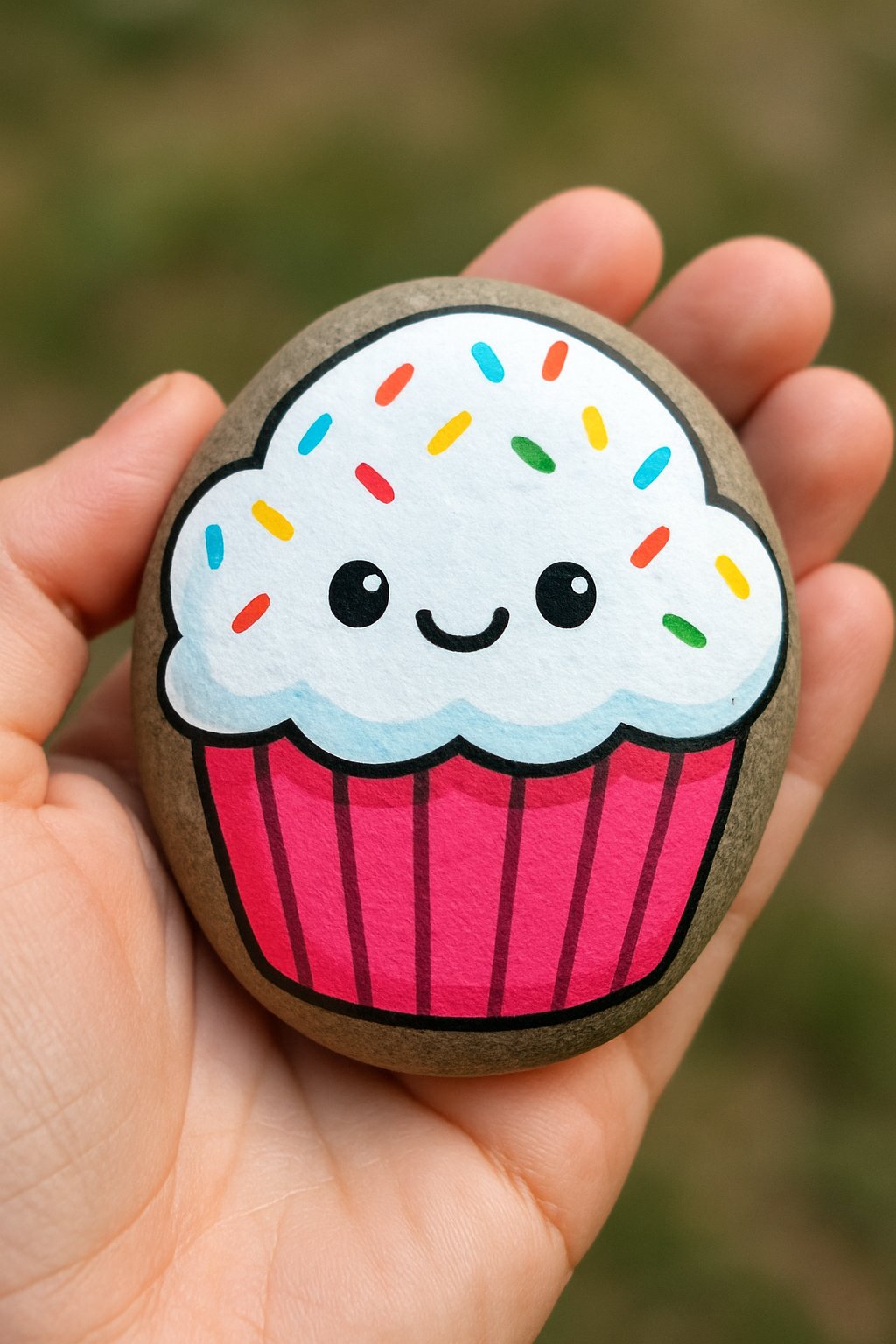 A hand holds a smooth rock painted like a cute cupcake with a smiling face, white frosting, colorful sprinkles, and a bright pink wrapper. The background is blurred green grass.