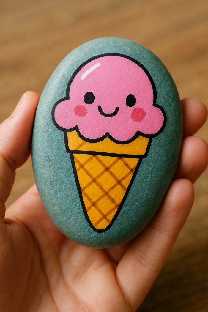 A hand holds a smooth, oval stone painted with a cute, smiling pink ice cream cone cartoon on a blue background.