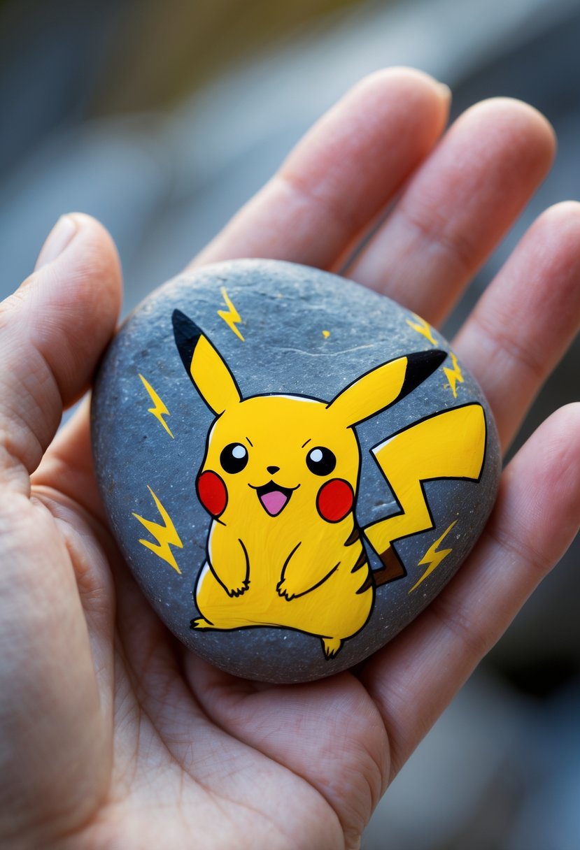 A hand holding a smooth river rock painted with an image of Pokemon Pikachu surrounded by electric sparks.