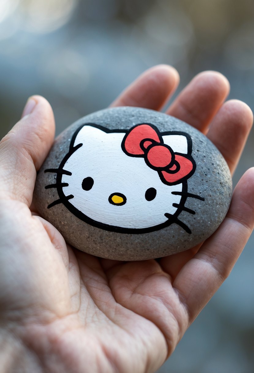 A hand holding a smooth river rock painted with Hello Kitty's face and a colorful bow.
