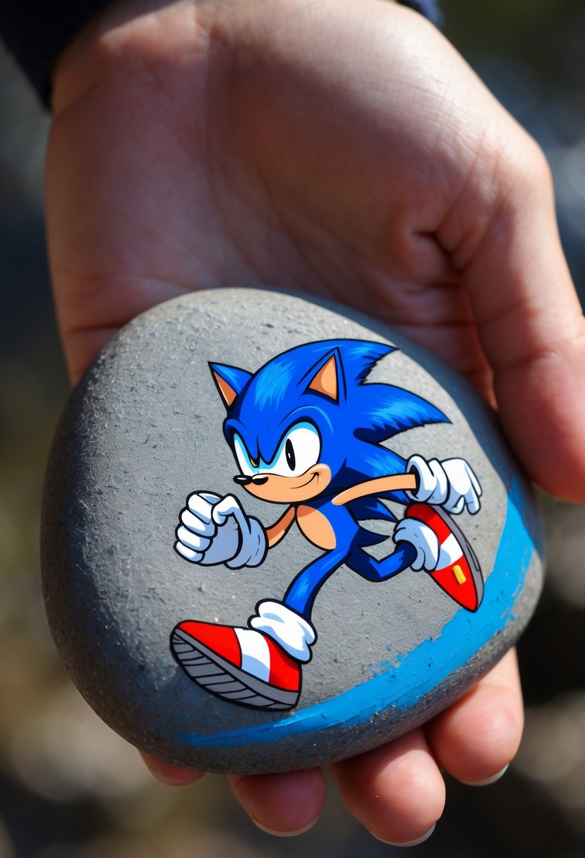 A hand holding a smooth river rock painted with a colorful Sonic the Hedgehog design.