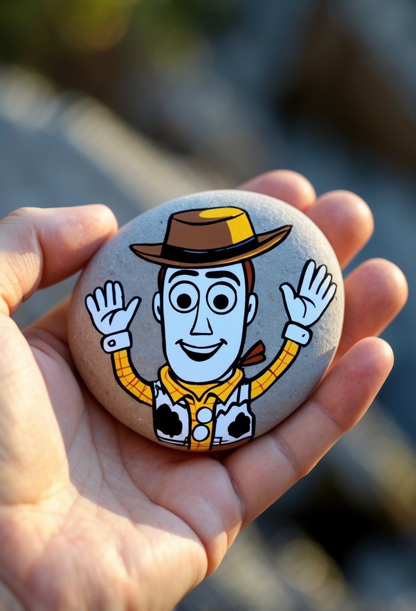 A hand holding a smooth river rock painted with a cartoon character waving.