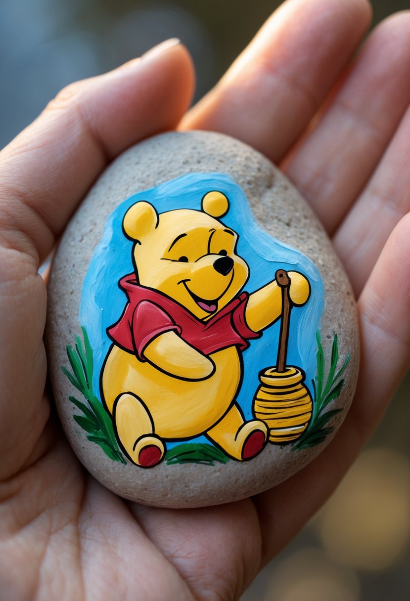 A hand holding a smooth river rock painted with an image of Winnie the Pooh holding a honey pot.