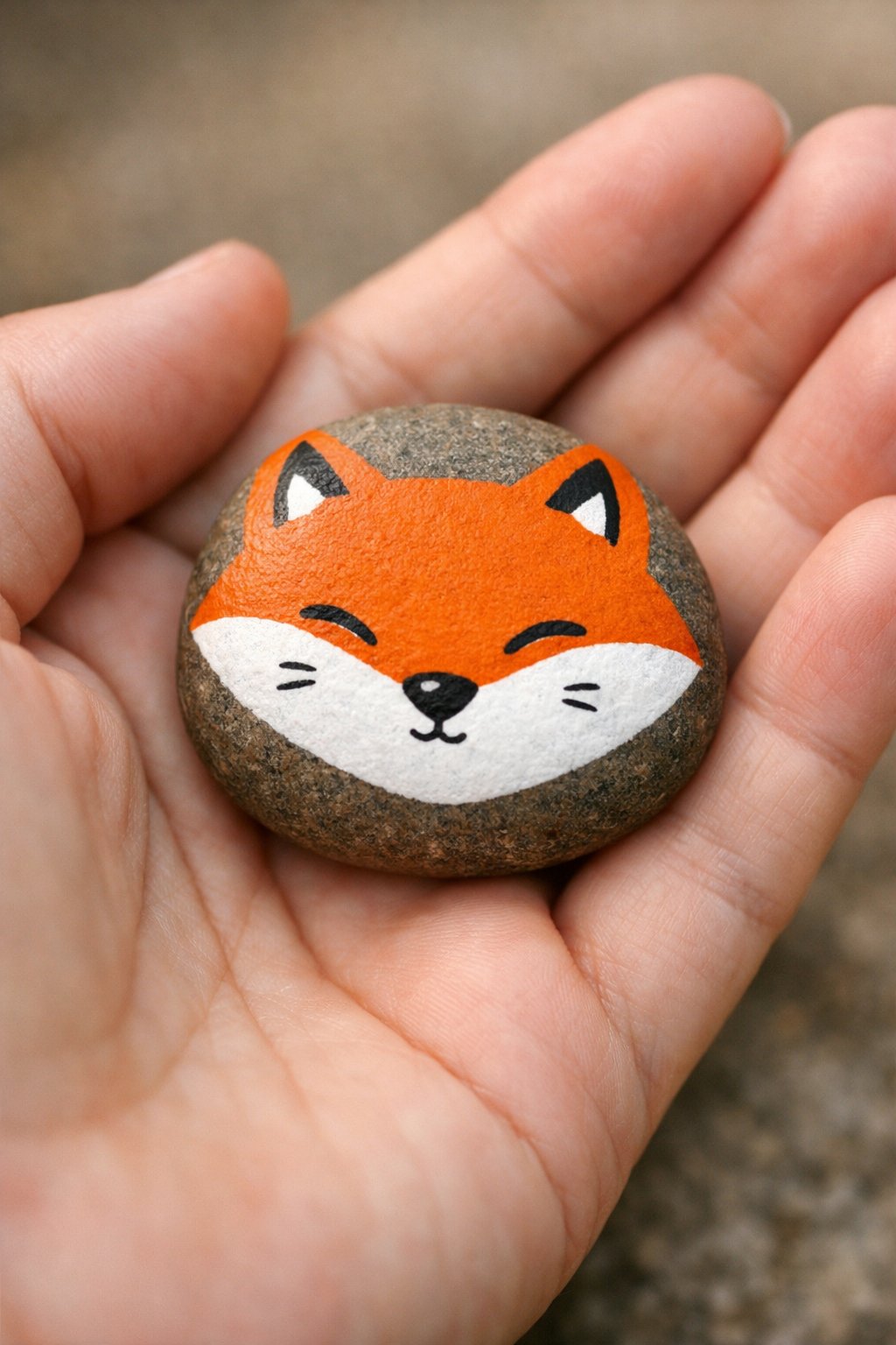 A hand holds a smooth stone painted with a cute, smiling orange fox face, featuring black-tipped ears and white cheeks.