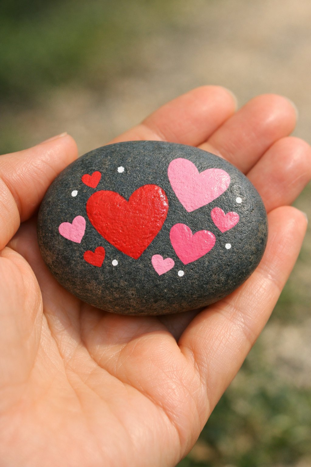 A hand holds a smooth stone painted with red and pink hearts of various sizes, along with small white dots, against a blurred outdoor background.