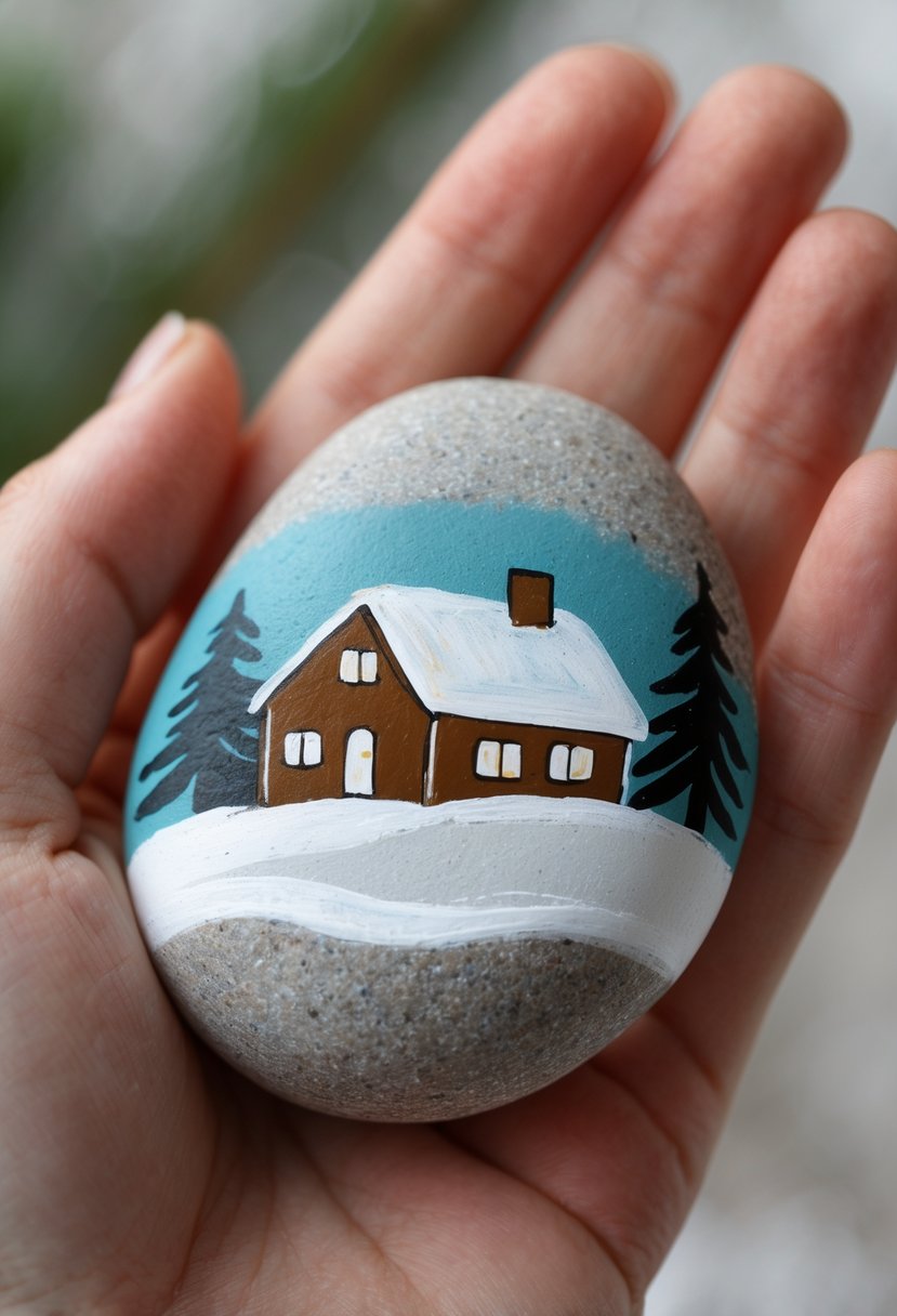 A hand holding a smooth river rock painted with a simple snowy winter cabin design.