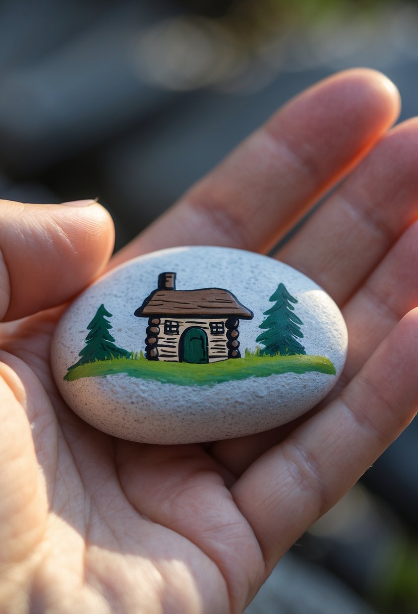 A hand holding a smooth river rock painted with a tiny log cabin design.