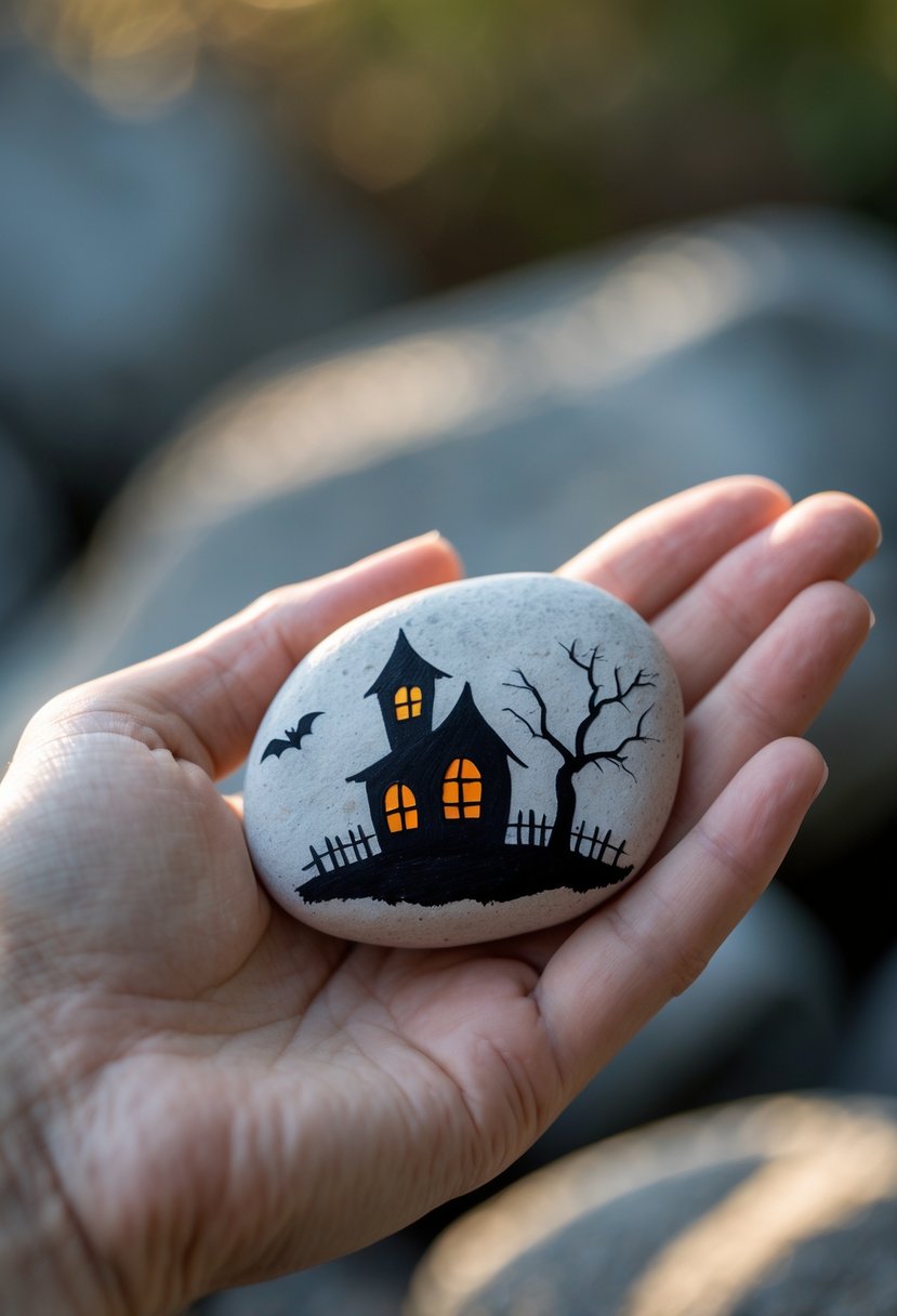 A hand holding a smooth river rock painted with a simple Halloween haunted house design.