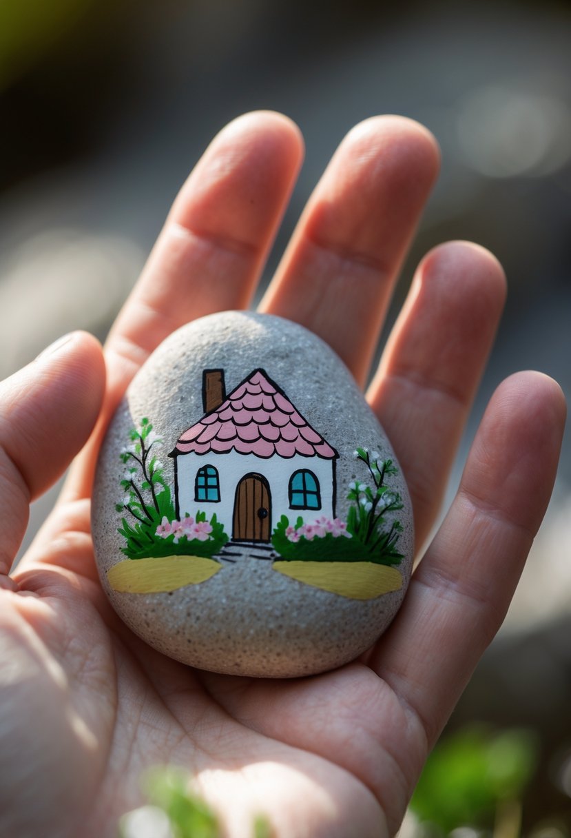 A hand holding a smooth river rock painted with a simple house design.