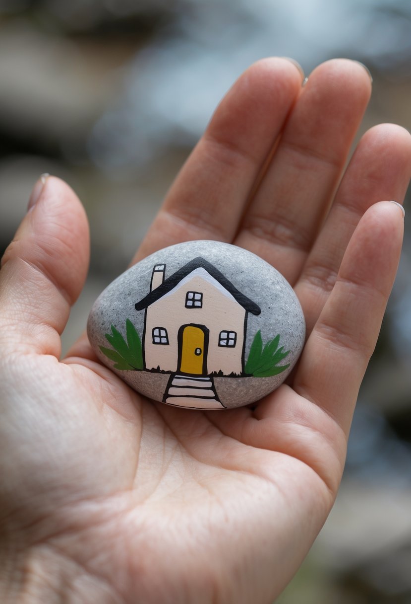 A hand holding a smooth painted rock with a small house design.