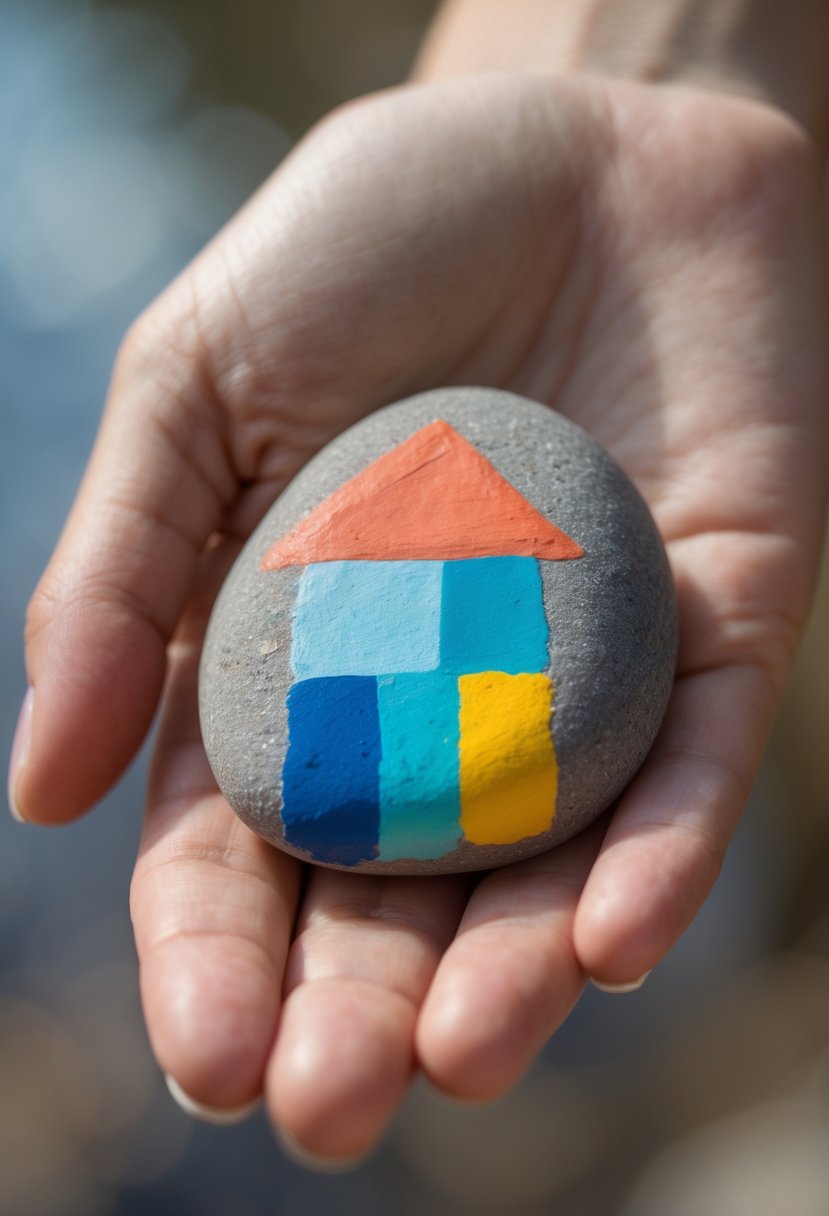 A hand holding a smooth river rock painted with a simple house design.
