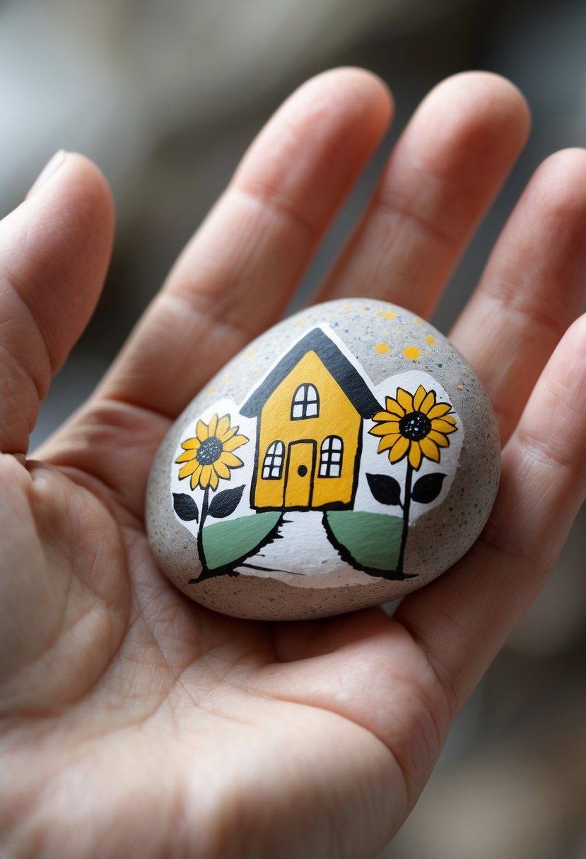 A hand holding a smooth river rock painted with a sunflower-themed house design.