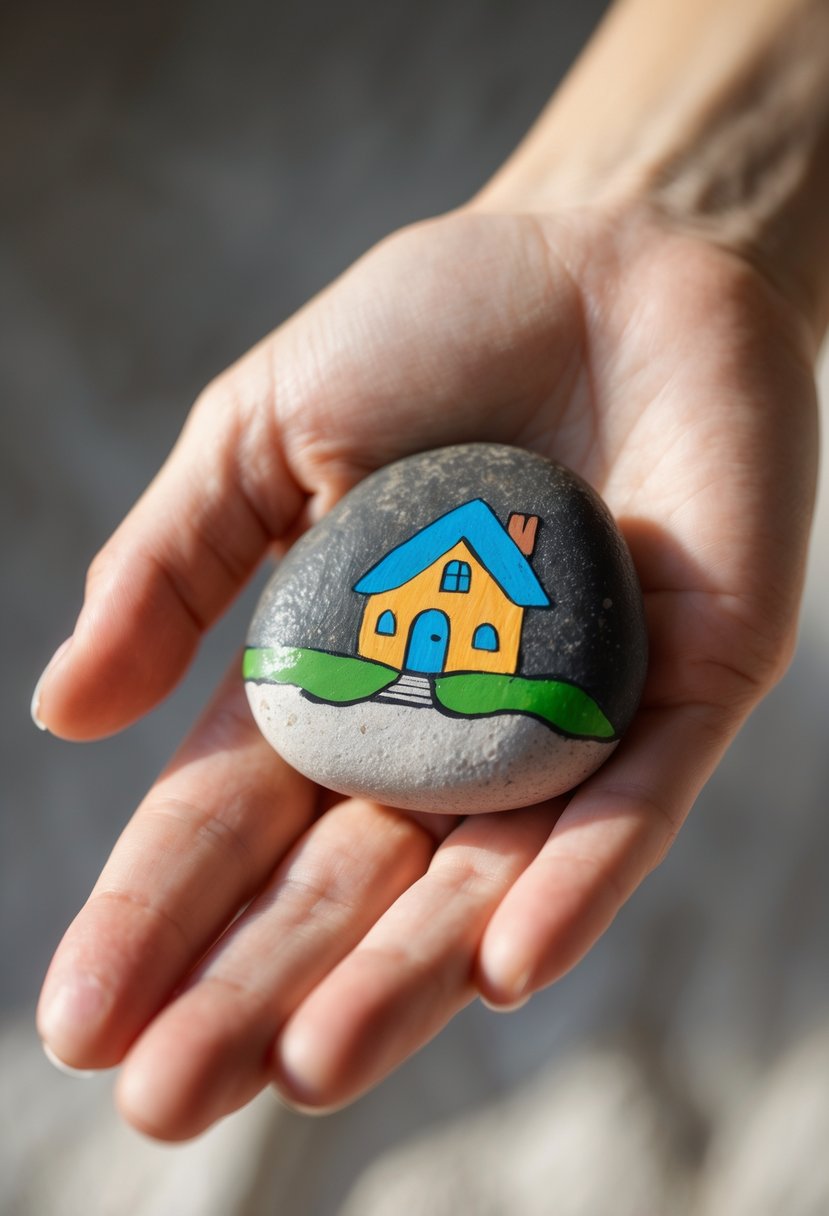 A hand holding a smooth river rock painted with a simple house design.