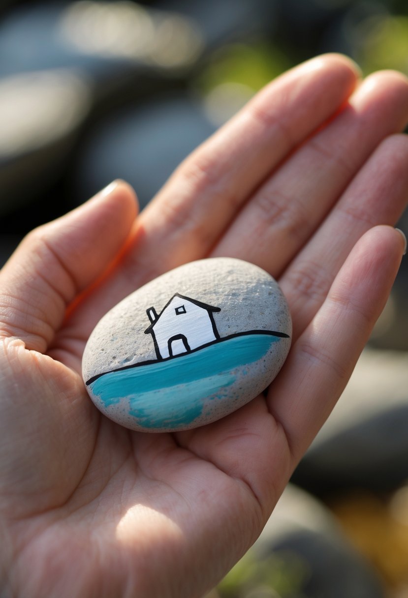 A hand holding a smooth river rock painted with a simple house design.