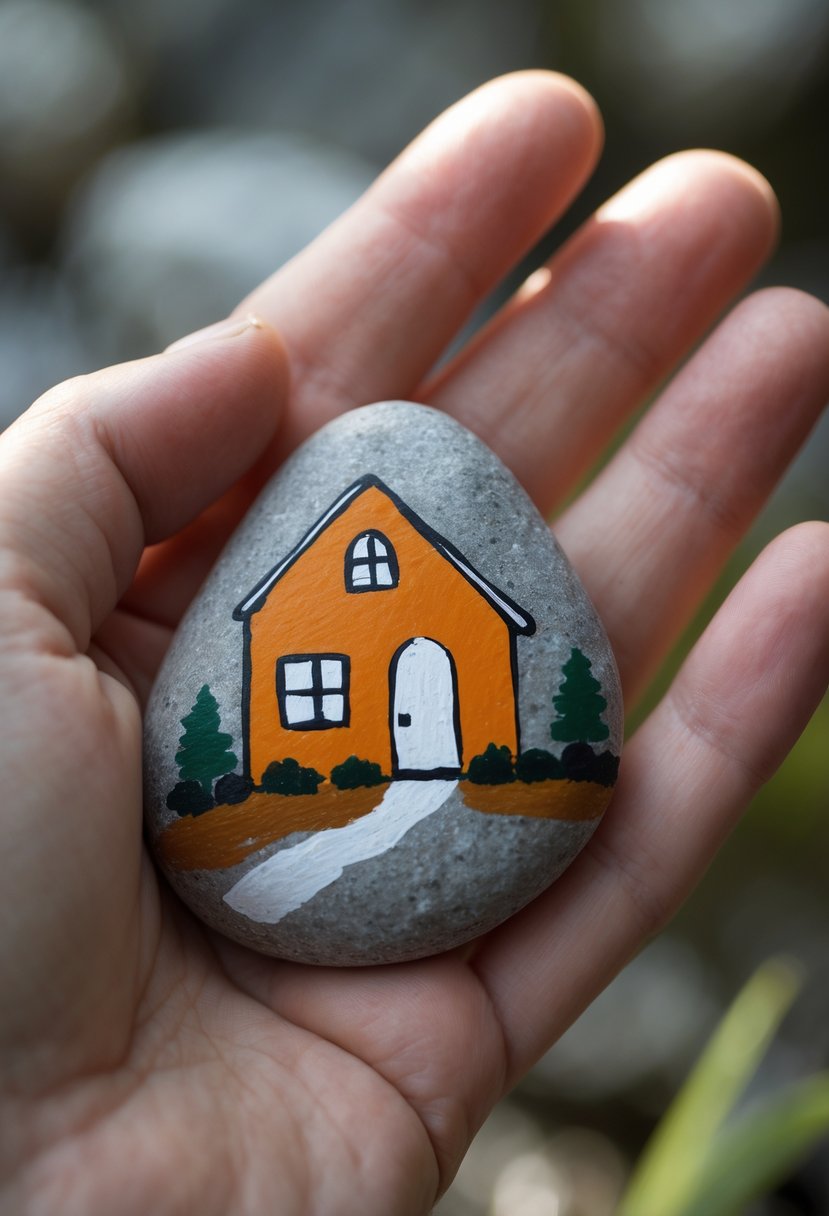 A hand holding a smooth river rock painted with a simple house design.