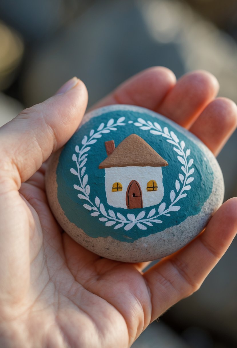 A hand holding a smooth river rock painted with a small house and wreath design.