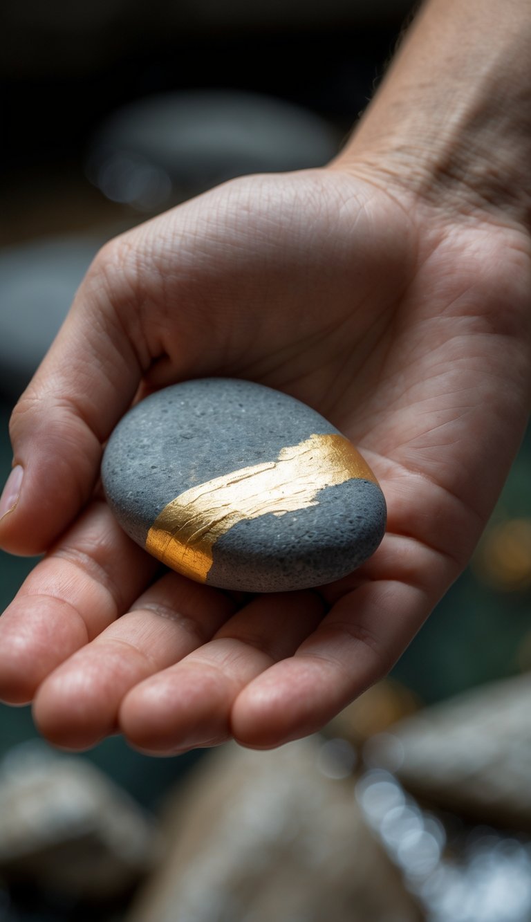 A hand holding a smooth painted river rock with gold accents.