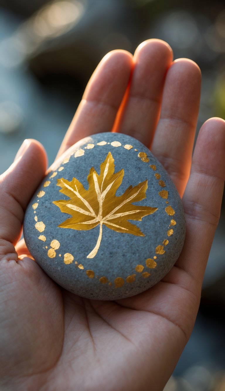 A hand holding a smooth river rock painted with an autumn leaf design accented with gold.