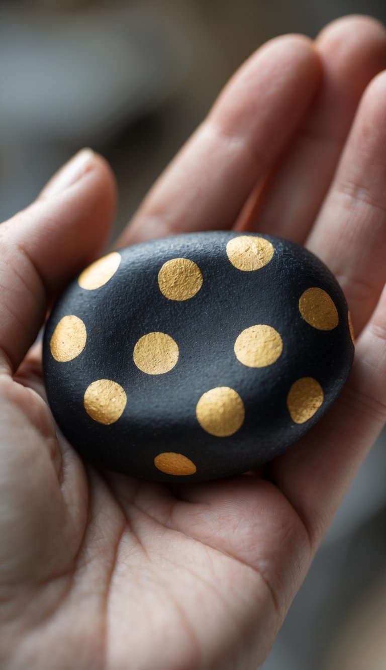 A hand holding a smooth river rock painted with gold polka dots on a black base.