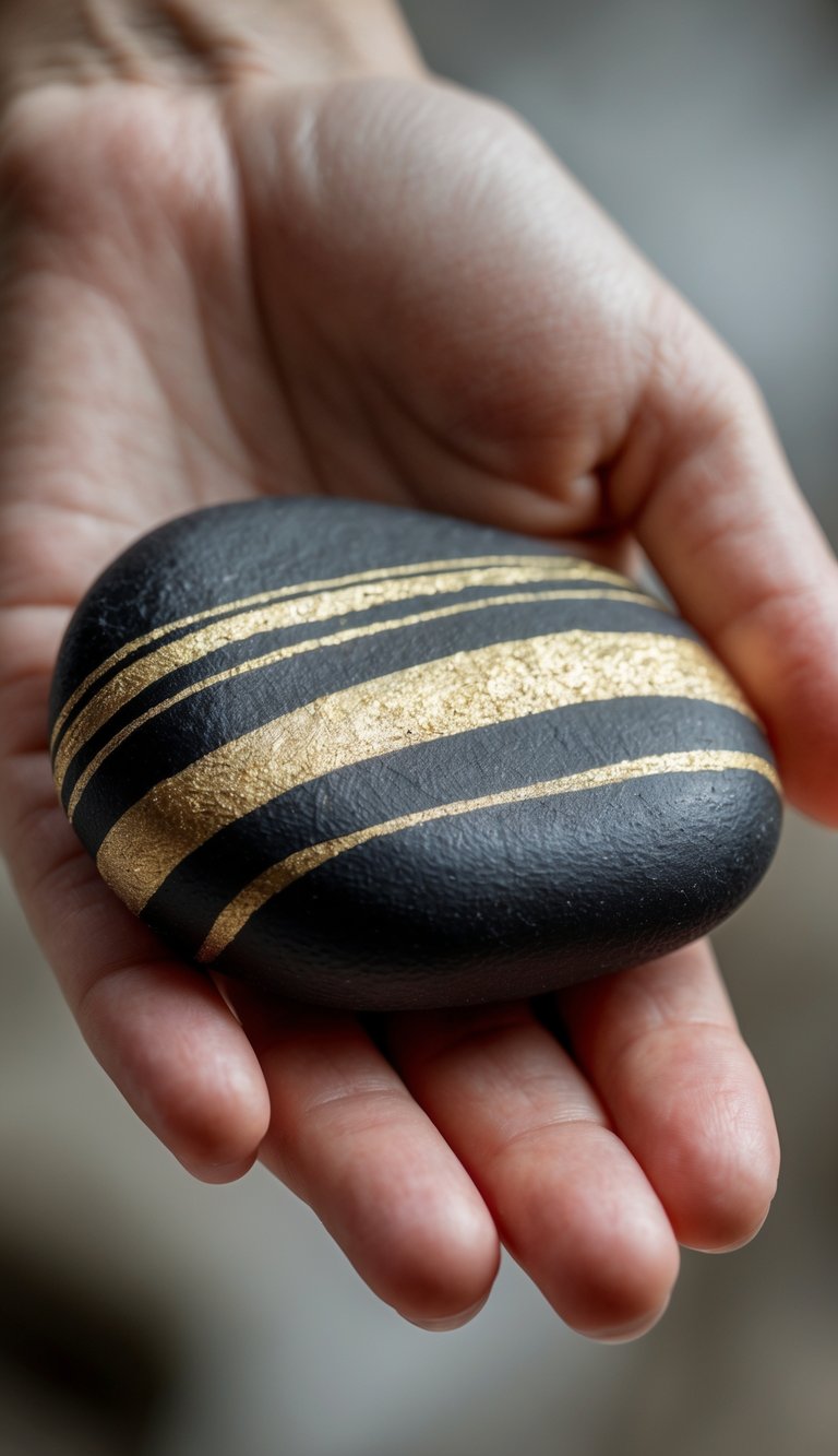 A hand holding a smooth river rock painted black with thin gold stripes.