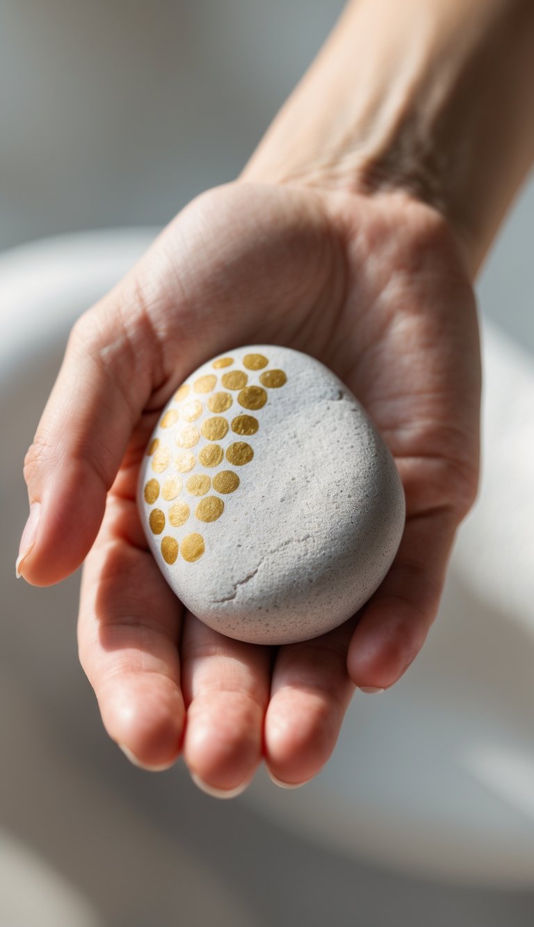 A hand holding a smooth river rock painted white with gold dots.