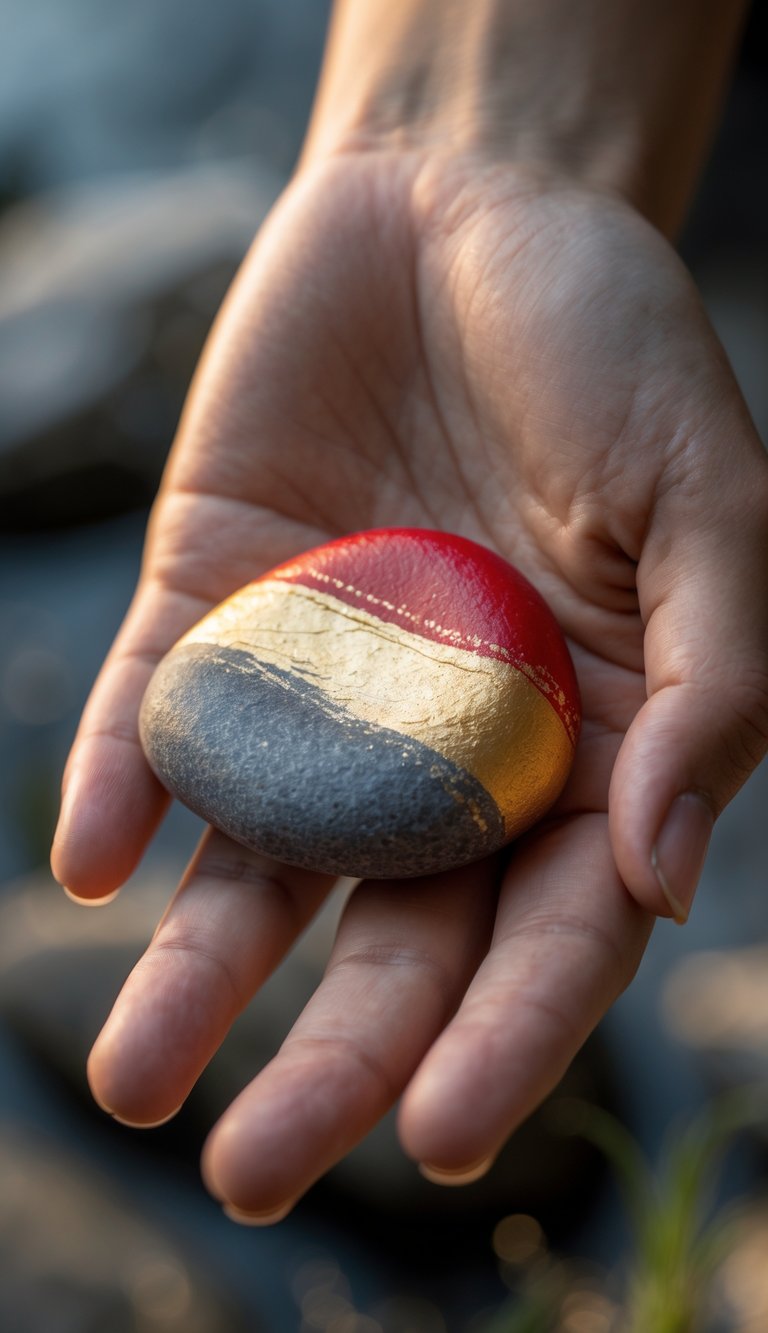 A hand holding a smooth river rock painted with a gold to red gradient.