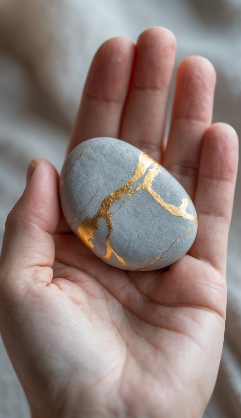 A hand holding a smooth river rock painted with gold vein marble design.