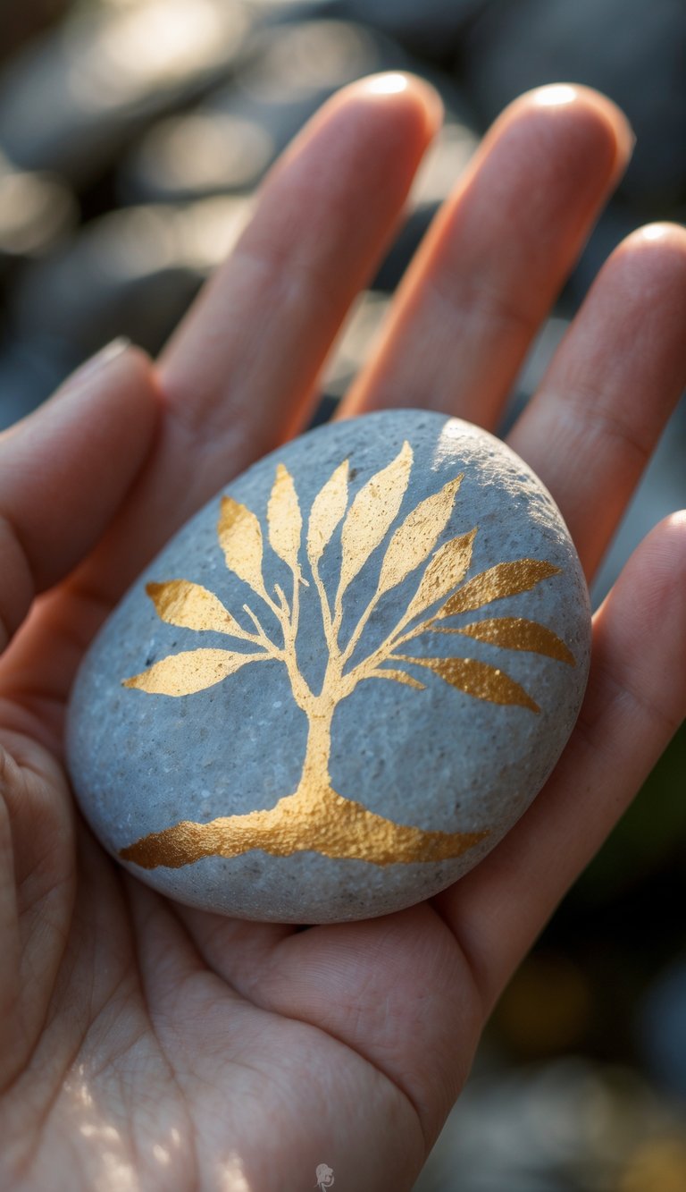 A hand holding a smooth river rock painted with a gold leaf tree design.