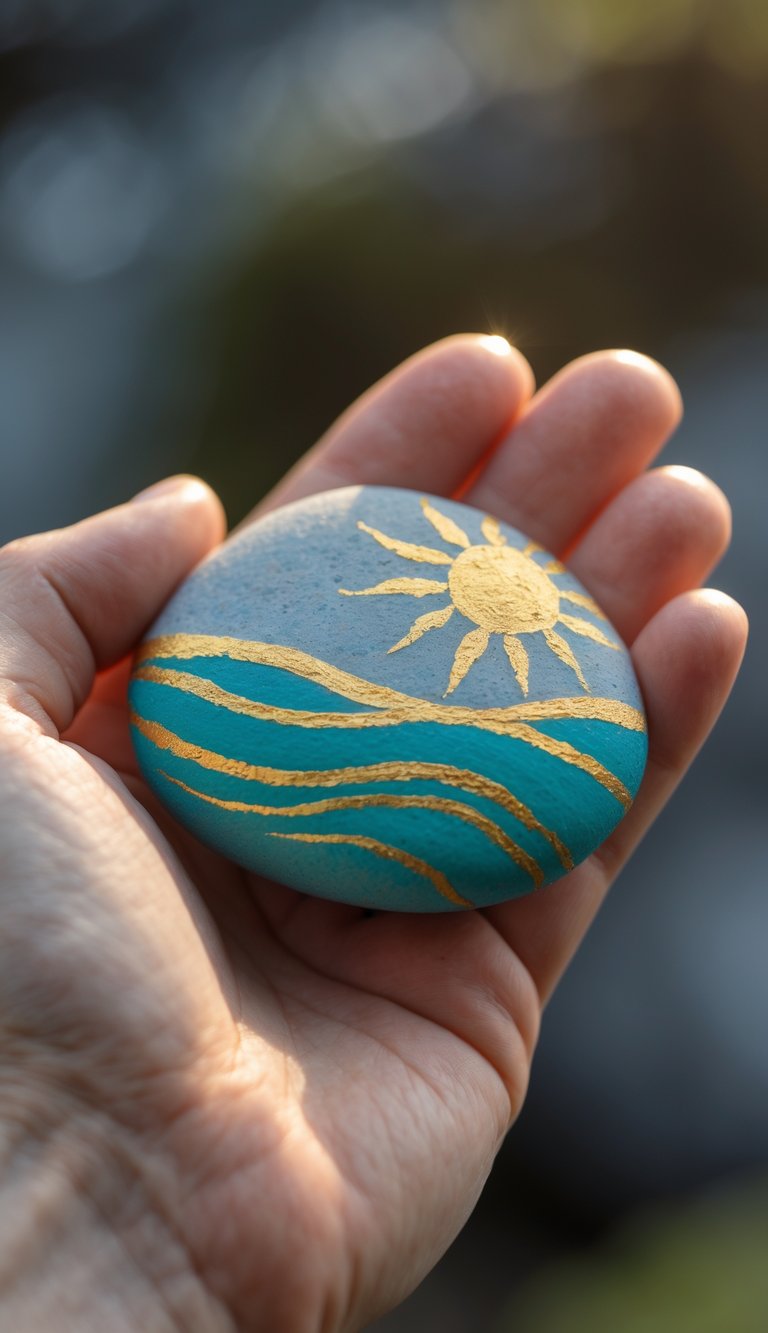 A hand holding a smooth painted river rock with a gold sun and turquoise ocean waves design.