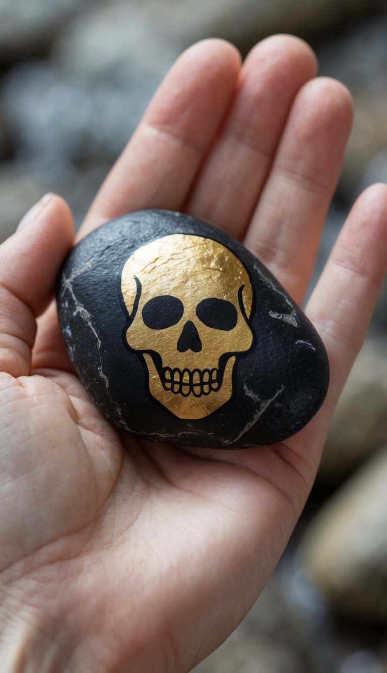 A hand holding a smooth river rock painted with a gold skull design on a black base.