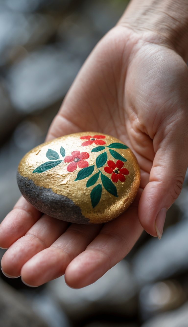 A hand holding a smooth river rock painted with red flowers on a gold base.