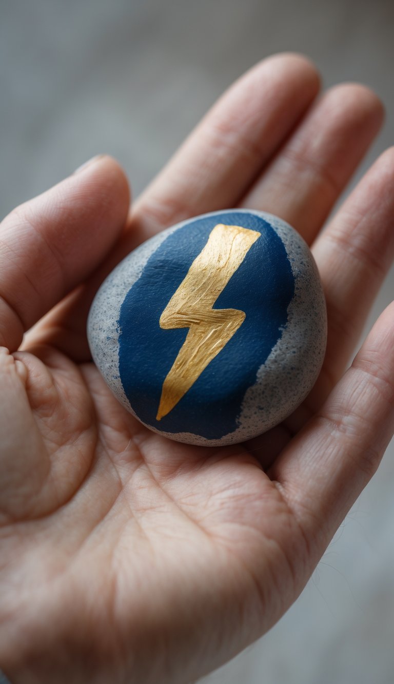 A hand holding a smooth river rock painted with a gold lightning bolt on a dark blue background.