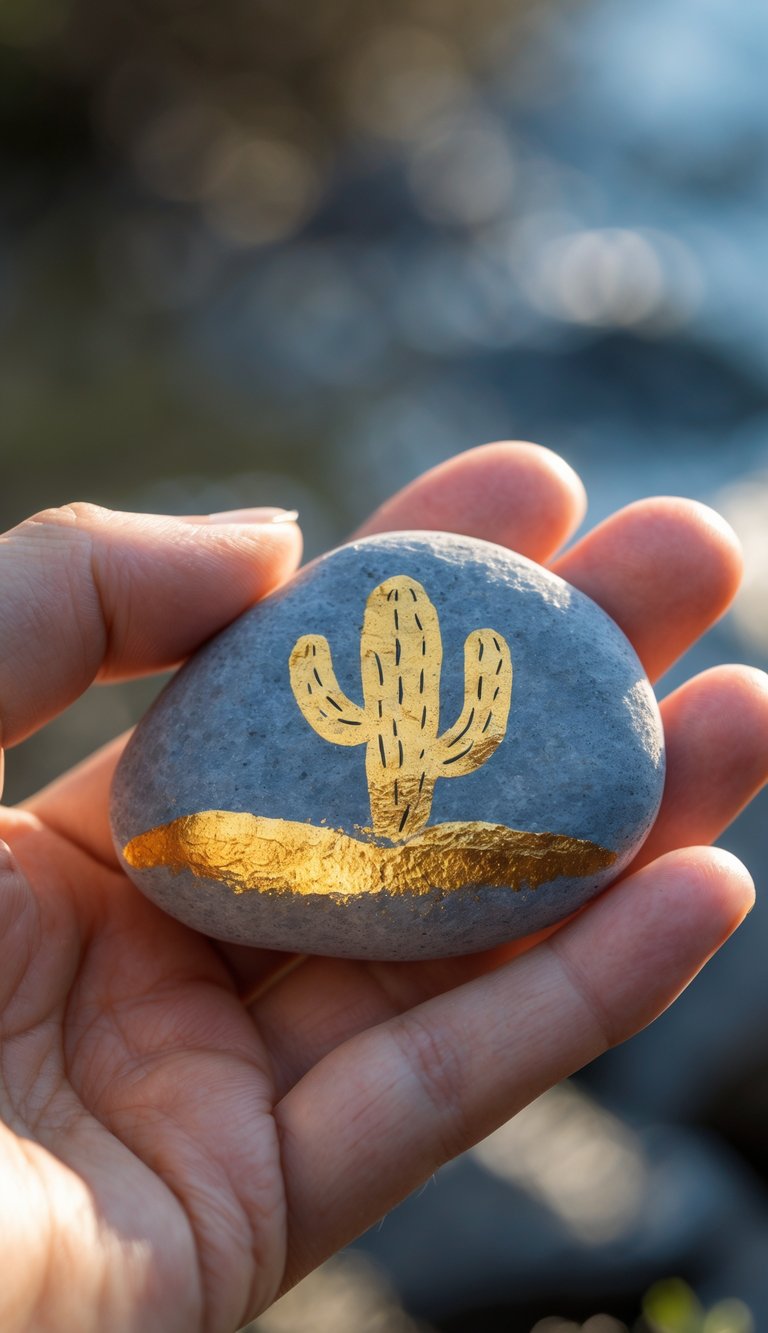 A hand holding a smooth river rock painted with a gold cactus design.