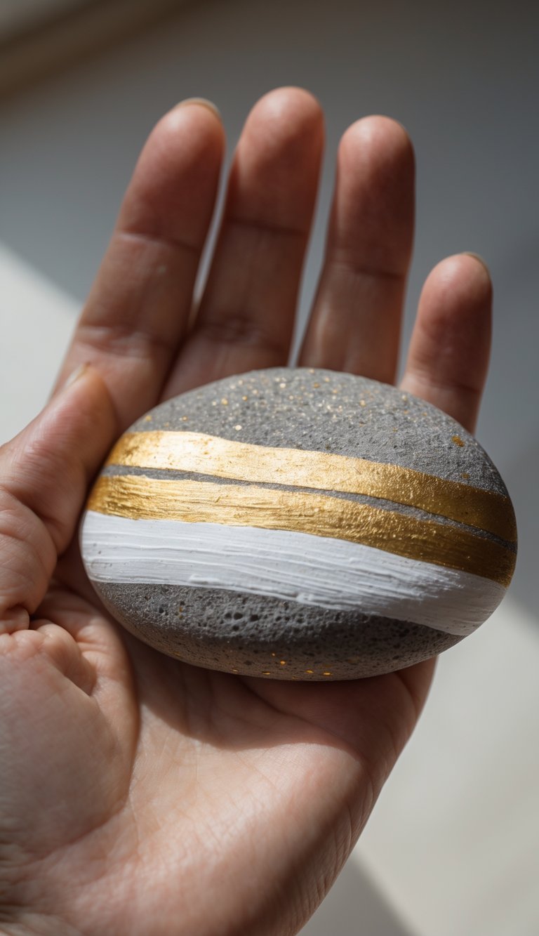 A hand holding a smooth oval river rock painted with gold and white stripes.