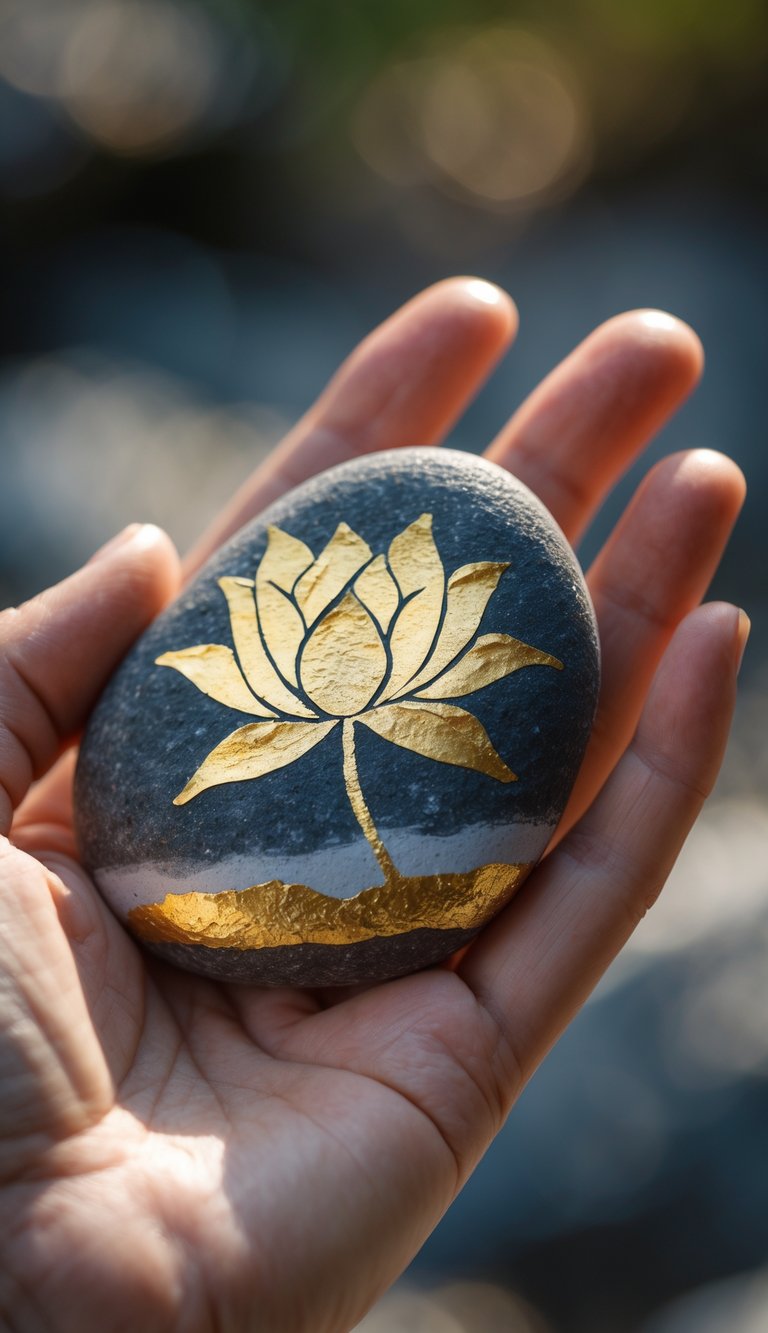 A hand holding a smooth river rock painted with a gold leaf lotus flower design.