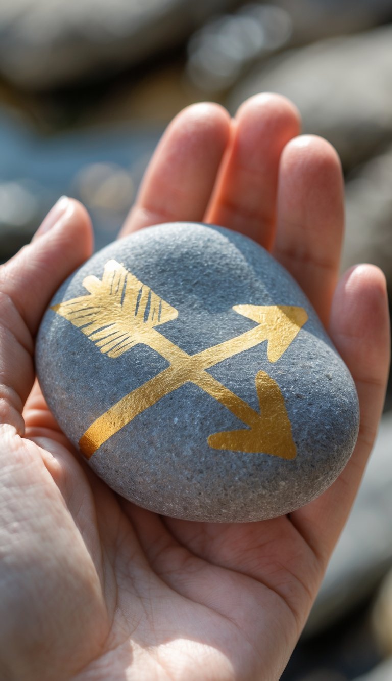 A hand holding a smooth river rock painted with a gold arrow design.
