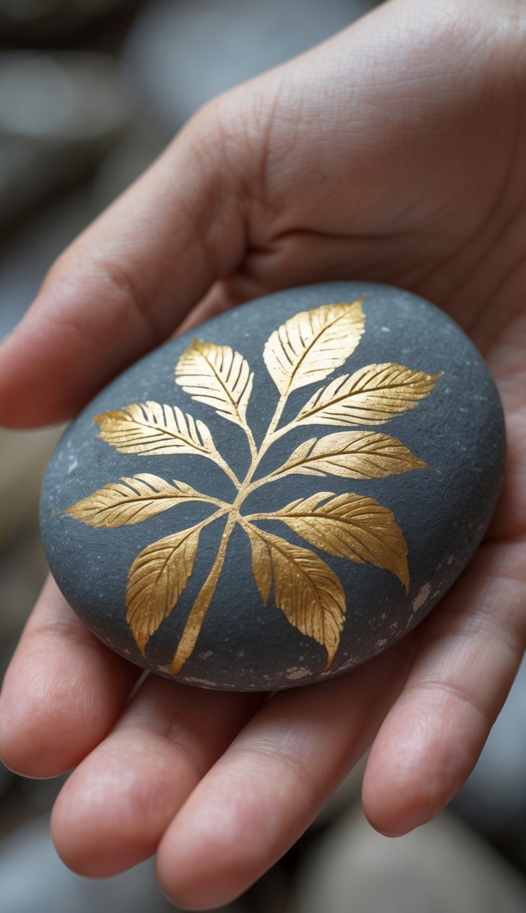 A hand holding a smooth river rock painted with a gold tropical leaf design.