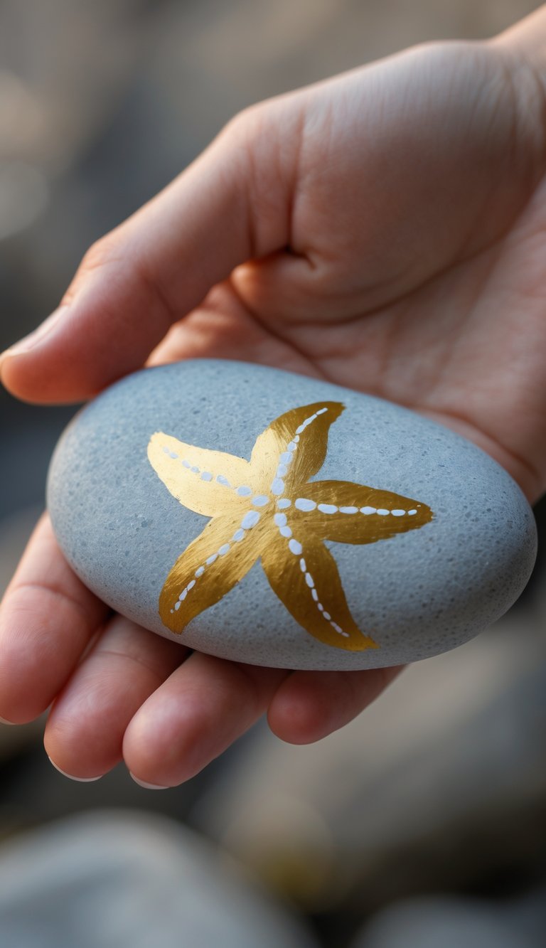 A hand holding a smooth river rock painted with a gold starfish design.