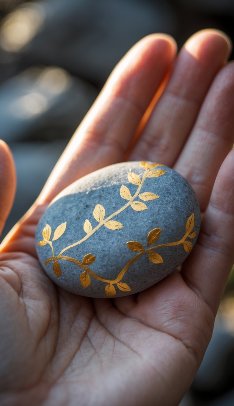 A hand holding a smooth oval rock painted with a gold leaf vine design.