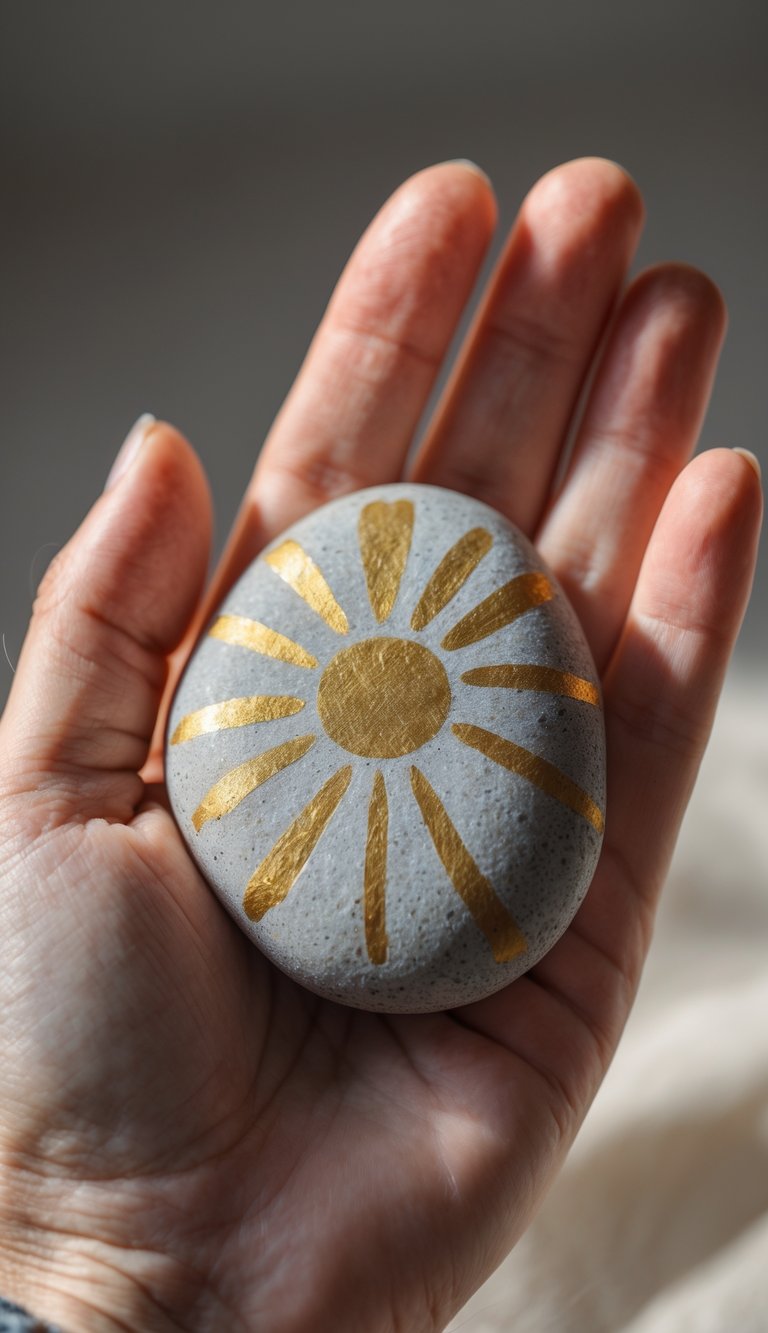 A hand holding a smooth river rock painted with a gold circle design.