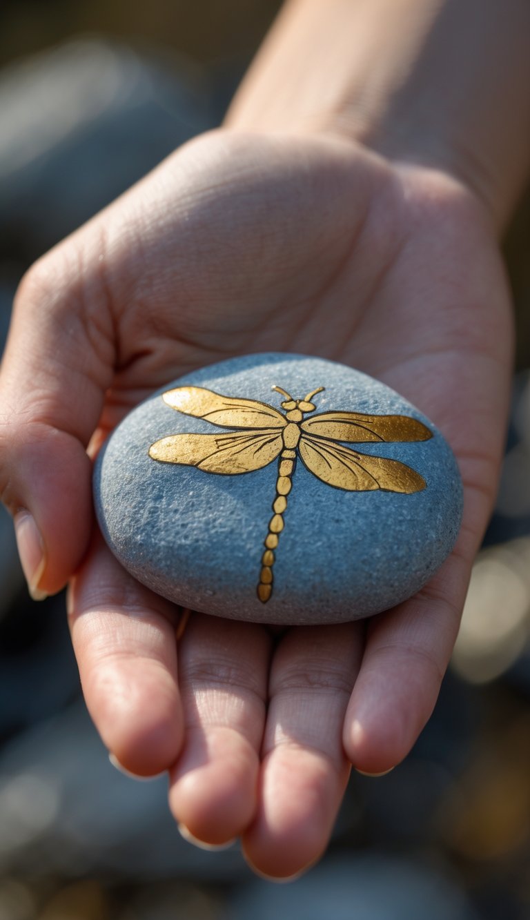 A hand holding a smooth river rock painted with a gold dragonfly design.