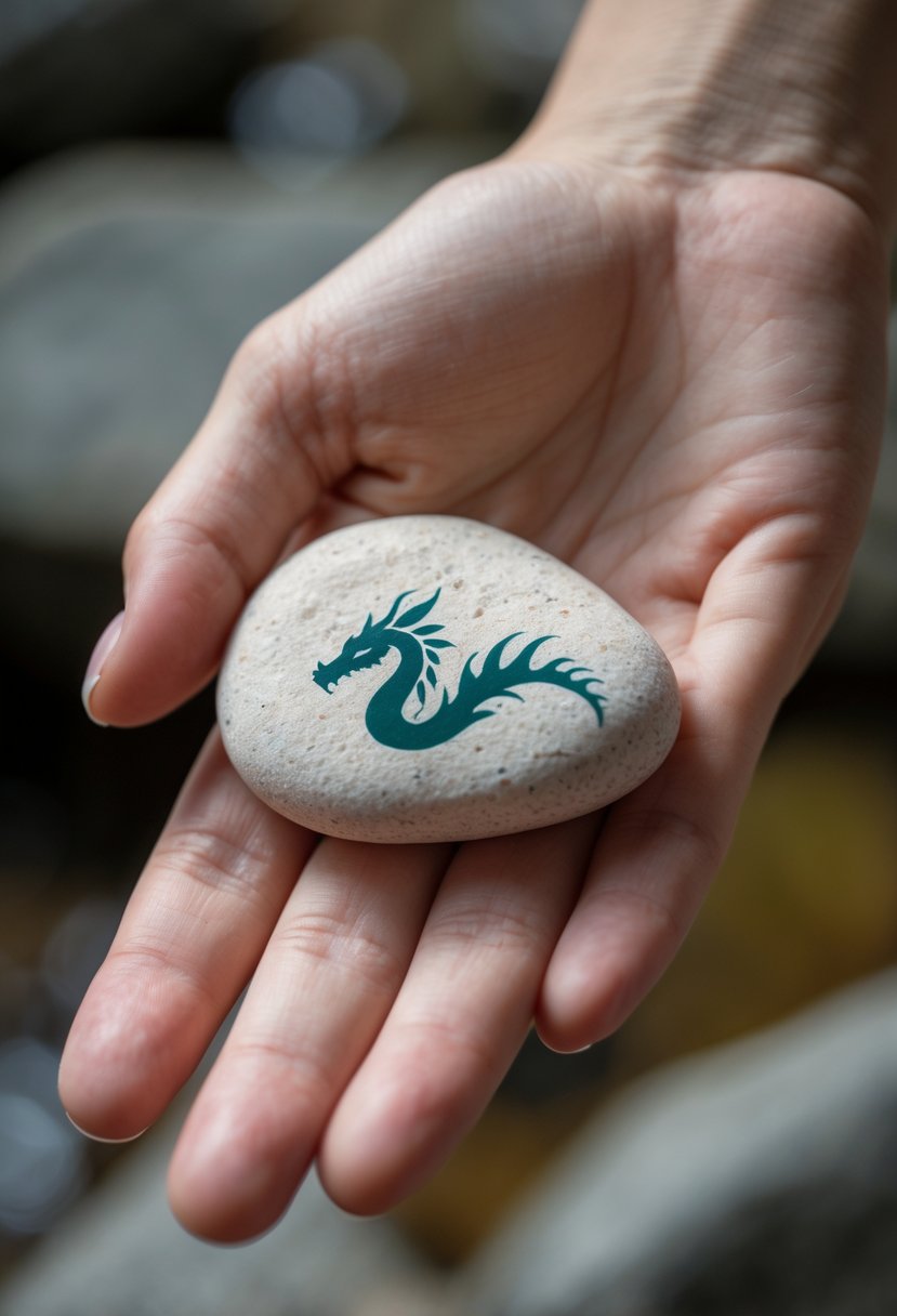 A hand holding a smooth river rock painted with a simple dragon-inspired design.
