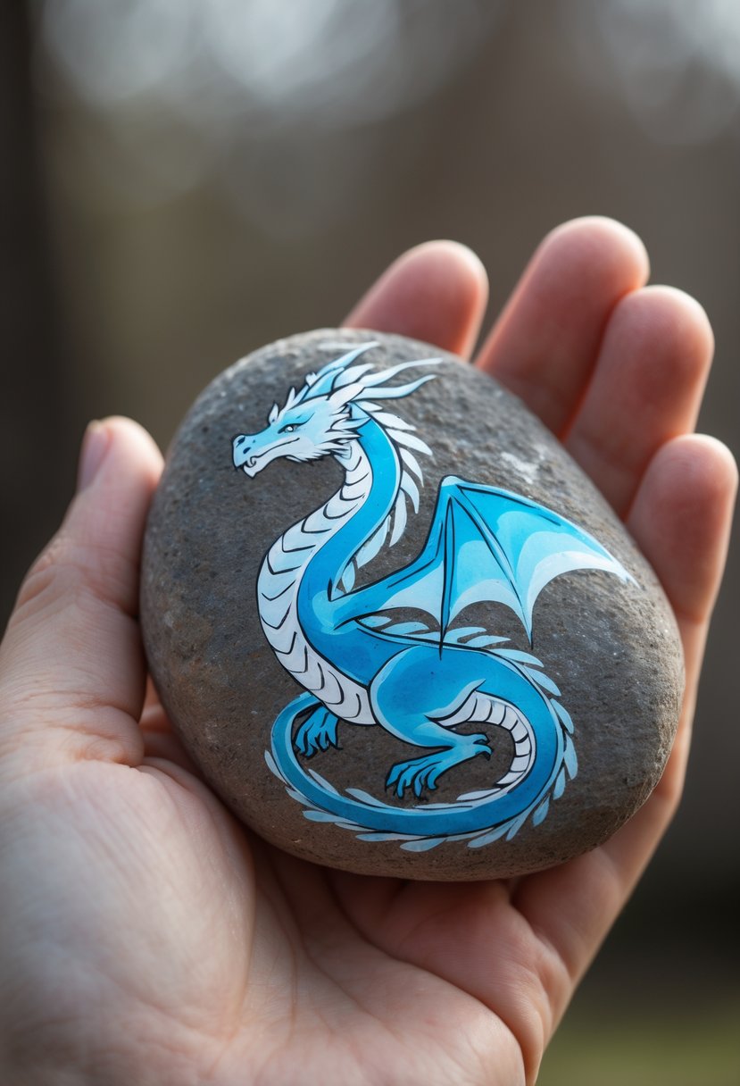 A hand holding a smooth river rock painted with a blue ice dragon design.