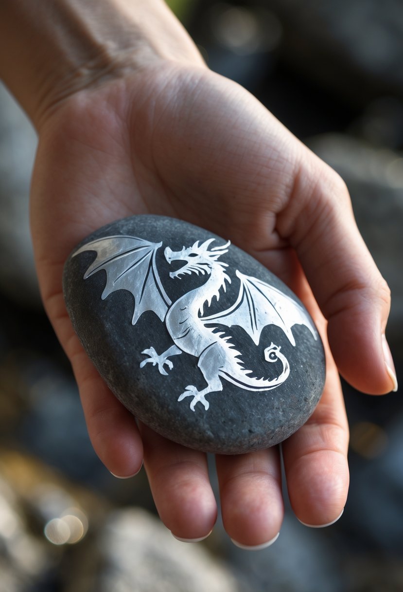 A hand holding a smooth river rock painted with a silver metallic dragon design.