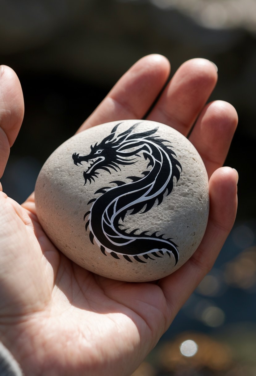A hand holding a smooth river rock painted with a tribal dragon design.