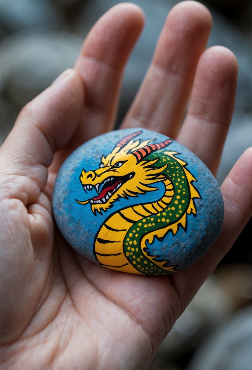 A hand holding a smooth river rock painted with a roaring dragon design.