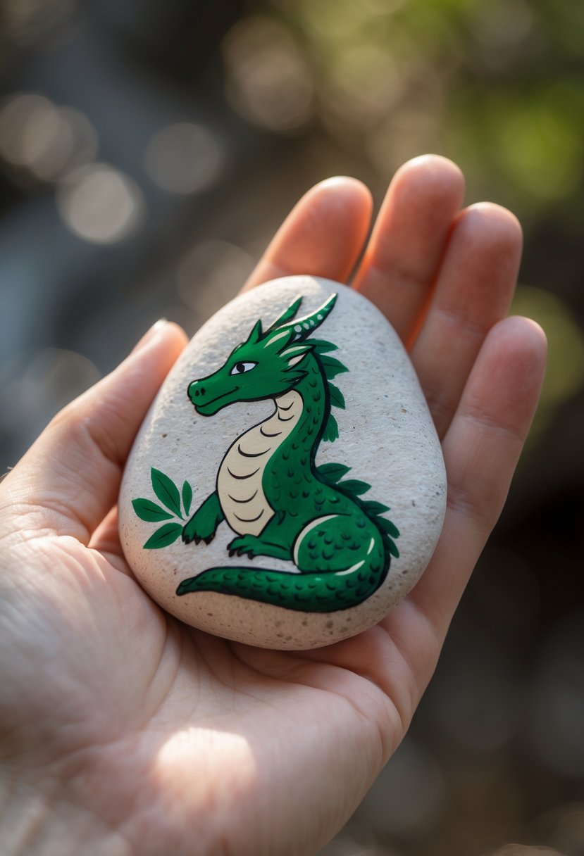 A hand holding a smooth river rock painted with a green forest dragon design.