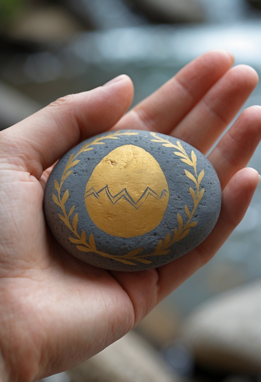 A hand holding a smooth river rock painted with a golden dragon egg design.