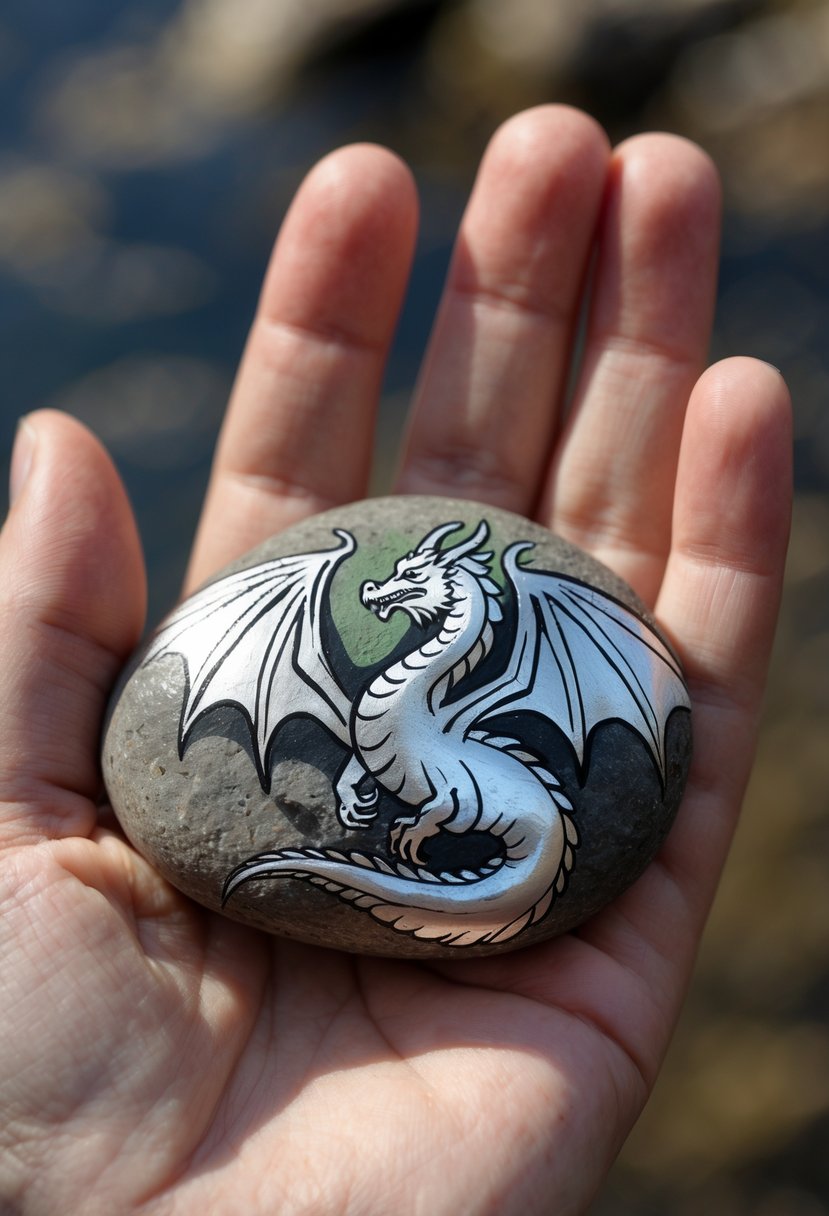 A hand holding a smooth river rock painted with a silver metallic dragon design.