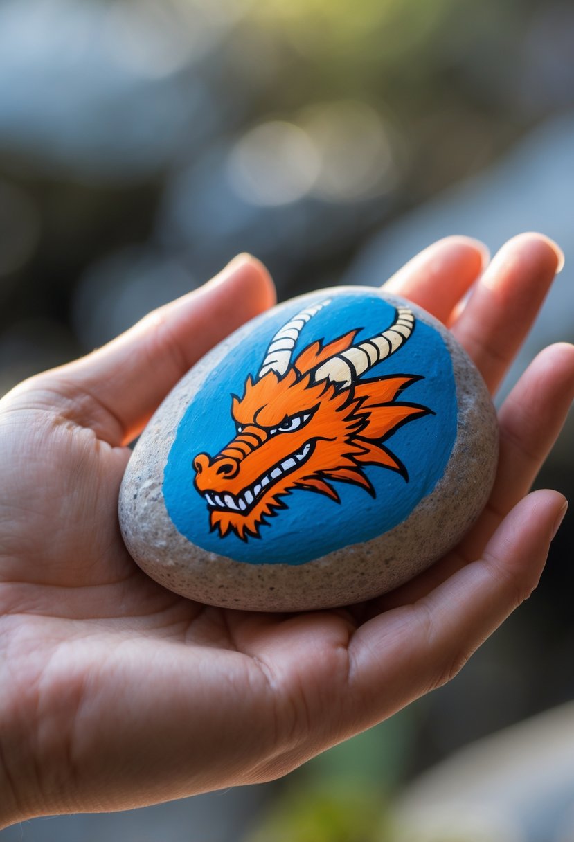 A hand holding a smooth river rock painted with a fierce dragon head design.